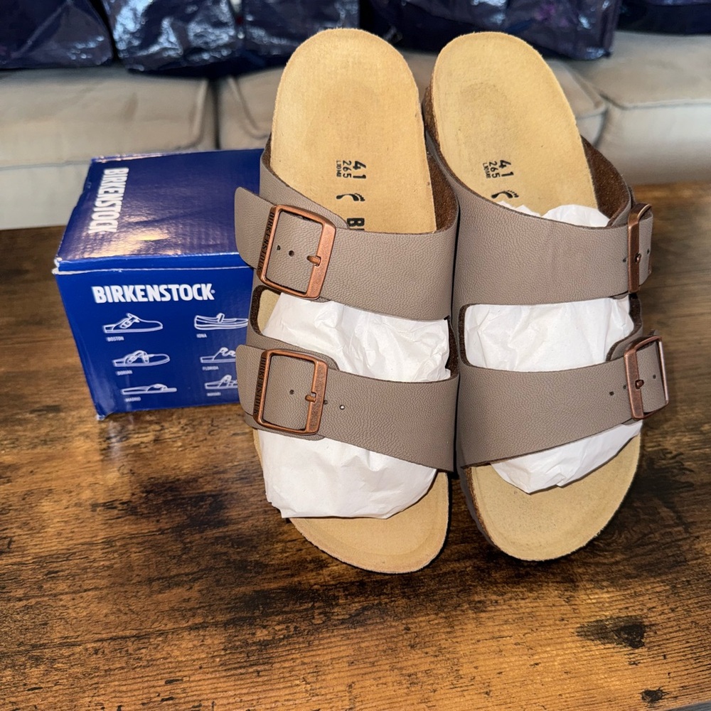 NWT Birkenstock Taupe Sandals with Copper Buckles